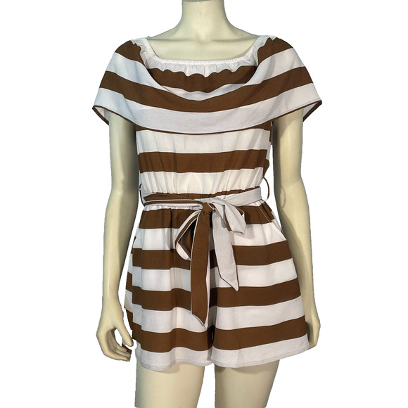 3/$20 HYFVE Sz S Romper Shorts Jumpsuit On or Off Shoulder Brown Stripes w/Belt - Picture 1 of 12